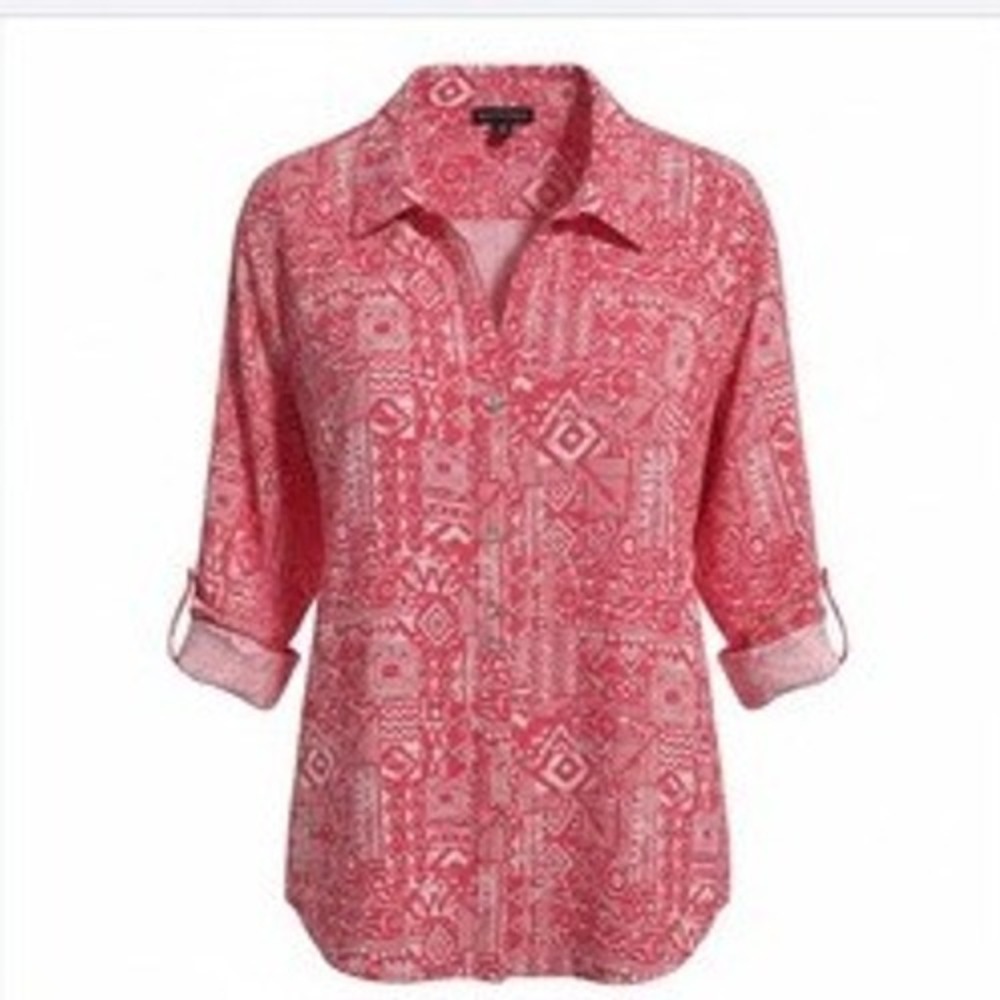 N Touch Geometric Womens size 2X Roll Tab Beach Casual Summer Boho Button Tunic